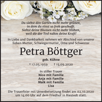 Traueranzeige von Petra Böttger von Mitteldeutsche Zeitung Sangerhausen
