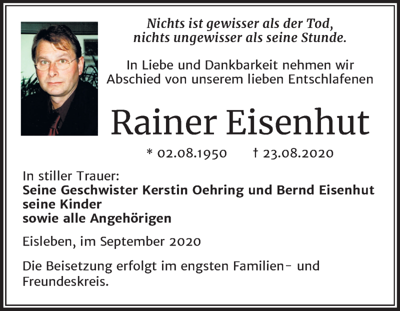  Traueranzeige für Rainer Eisenhut vom 05.09.2020 aus Mitteldeutsche Zeitung Mansfelder Land