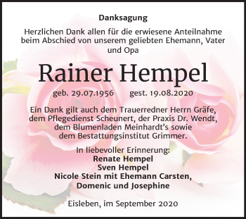 Traueranzeige von Rainer Hempel von Mitteldeutsche Zeitung Mansfelder Land