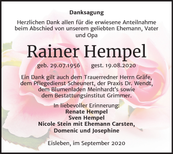 Traueranzeige von Rainer Hempel von Super Sonntag Mansfelder Land