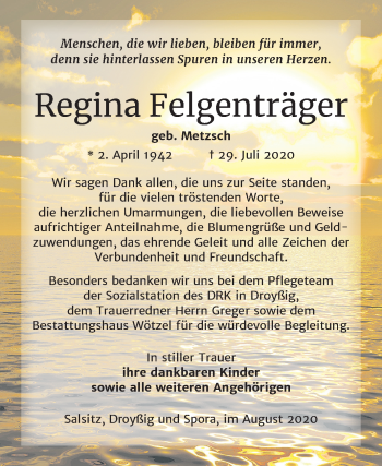 Traueranzeige von Regina Felgenträger von Mitteldeutsche Zeitung Zeitz