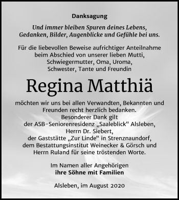Traueranzeige von Regina Matthiä von Super Sonntag Bernburg