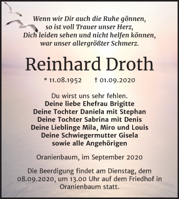 Traueranzeige von Reinhard Droth von Mitteldeutsche Zeitung Wittenberg