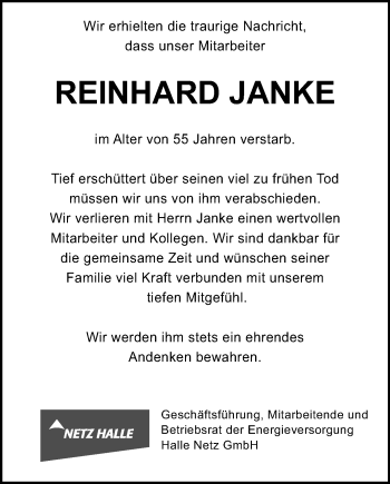 Traueranzeige von Reinhard Janke von Mitteldeutsche Zeitung Halle/Saalkreis