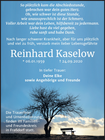 Traueranzeige von Reinhard Kaselow von Mitteldeutsche Zeitung Köthen