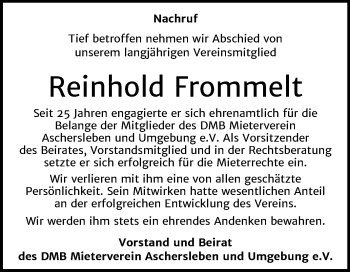 Traueranzeige von Reinhold Frommelt von Super Sonntag Aschersleben
