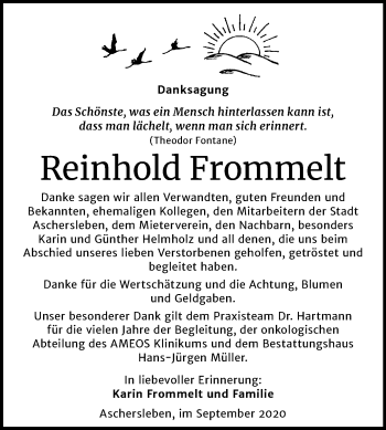 Traueranzeige von Reinhold Frommelt von Mitteldeutsche Zeitung Aschersleben
