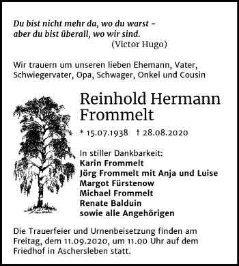 Traueranzeige von Reinhold Hermann Frommelt von Super Sonntag Aschersleben