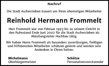 Traueranzeige von Reinhold Hermann Frommelt von Wochenspiegel Aschersleben