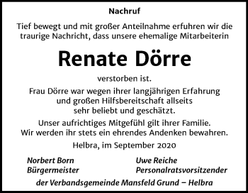 Traueranzeige von Renate Dörre von Mitteldeutsche Zeitung Mansfelder Land