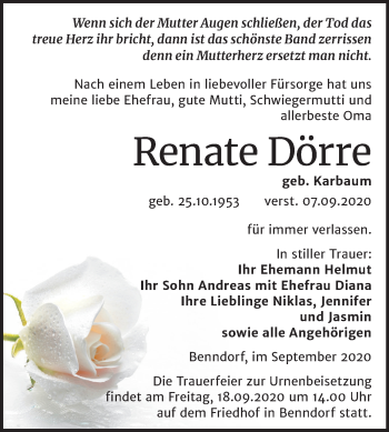 Traueranzeige von Renate Dörre von Mitteldeutsche Zeitung Mansfelder Land