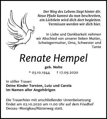 Traueranzeige von Renate Hempel von Super Sonntag Dessau-Roßlau