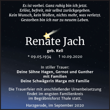 Traueranzeige von Renate Jach von Mitteldeutsche Zeitung Quedlinburg