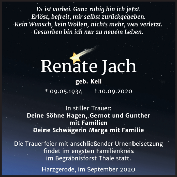 Traueranzeige von Renate Jach von Super Sonntag Quedlinburg