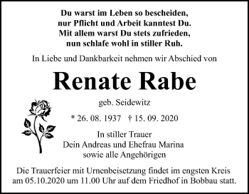 Traueranzeige von Renate Rabe von Mitteldeutsche Zeitung Bitterfeld