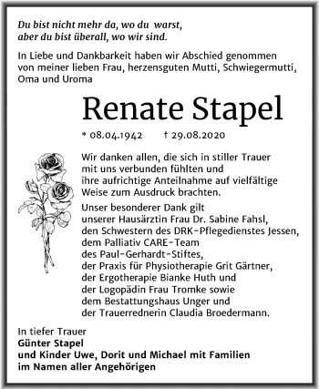 Traueranzeige von Renate Stapel von Super Sonntag Wittenberg