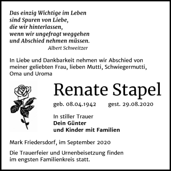 Traueranzeige von Renate Stapel von Mitteldeutsche Zeitung Wittenberg