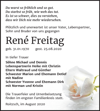 Traueranzeige von René Freitag von Wochenspiegel Bitterfeld