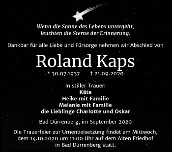 Traueranzeige von Roland Kaps von Super Sonntag Merseburg/Querfurt