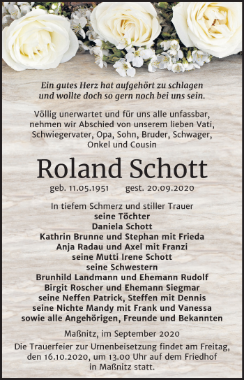 Traueranzeige von Roland Schott von Mitteldeutsche Zeitung Zeitz