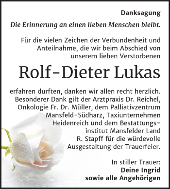 Traueranzeige von Rolf-Dieter Lukas von Mitteldeutsche Zeitung Mansfelder Land