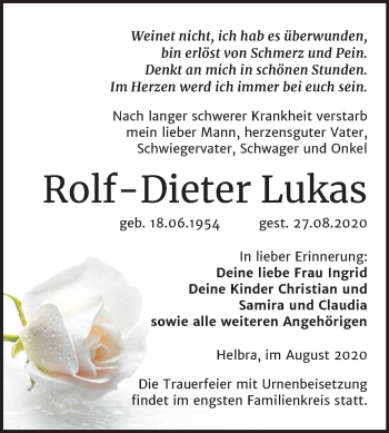 Traueranzeige von Rolf-Dieter Lukas von Mitteldeutsche Zeitung Mansfelder Land