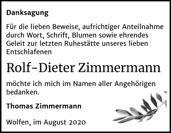 Traueranzeige von Rolf-Dieter Zimmermann von Mitteldeutsche Zeitung Bitterfeld