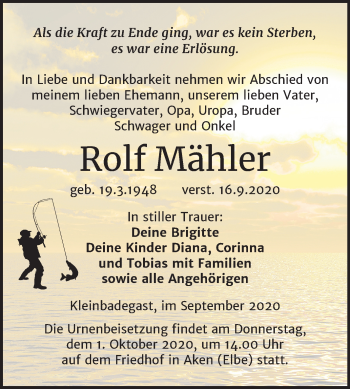 Traueranzeige von Rolf Mähler von Super Sonntag Köthen