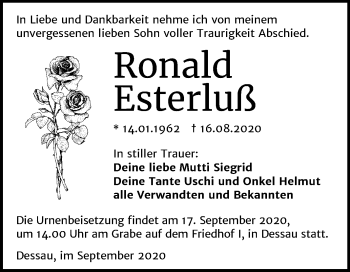 Traueranzeige von Ronald Esterluß von Mitteldeutsche Zeitung Dessau-Roßlau