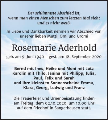 Traueranzeige von Rosemarie Aderhold von Super Sonntag Sangerhausen
