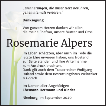 Traueranzeige von Rosemarie Alpers von Mitteldeutsche Zeitung Bernburg