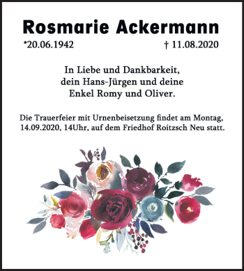 Traueranzeige von Rosmarie Ackermann von Mitteldeutsche Zeitung Bitterfeld
