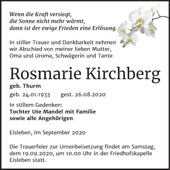 Traueranzeige von Rosmarie Kirchberg von Mitteldeutsche Zeitung Mansfelder Land