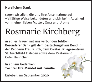 Traueranzeige von Rosmarie Kirchberg von Mitteldeutsche Zeitung Mansfelder Land