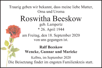 Traueranzeige von Roswitha Beeskow von Mitteldeutsche Zeitung Sangerhausen