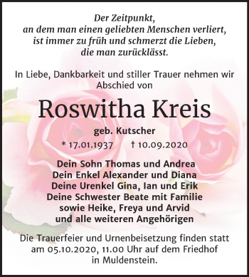 Traueranzeige von Roswitha Kreis von Mitteldeutsche Zeitung Bitterfeld