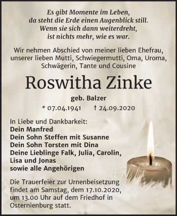 Traueranzeige von Roswitha Zinke von Mitteldeutsche Zeitung Köthen