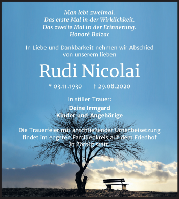 Traueranzeige von Rudi Nicolai von Wochenspiegel Bitterfeld