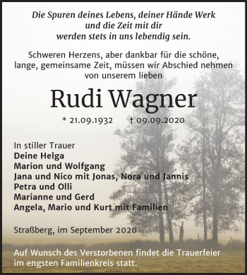 Traueranzeige von Rudi Wagner von Mitteldeutsche Zeitung Quedlinburg