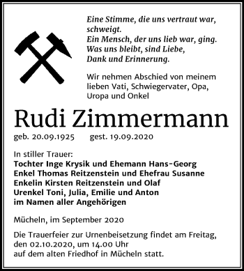 Traueranzeige von Rudi Zimmermann von Super Sonntag Merseburg/Querfurt