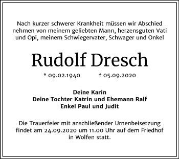 Traueranzeige von Rudolf Dresch von Wochenspiegel Bitterfeld