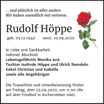Traueranzeige von Rudolf Höppe von Super Sonntag Aschersleben