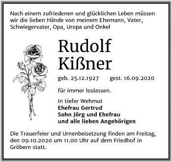 Traueranzeige von Rudolf Kißner von Mitteldeutsche Zeitung Dessau-Roßlau