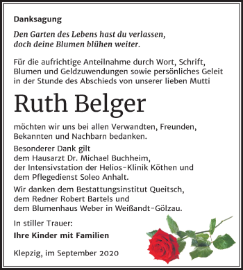 Traueranzeige von Ruth Belger von Super Sonntag Köthen