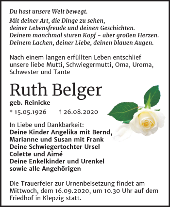 Traueranzeige von Ruth Belger von Mitteldeutsche Zeitung Köthen