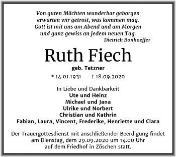 Traueranzeige von Ruth Fiech von Super Sonntag Merseburg/Querfurt