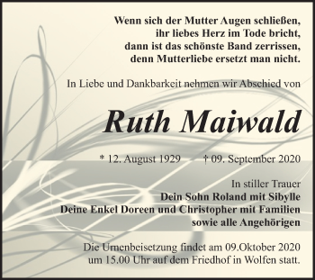 Traueranzeige von Ruth Maiwald von Mitteldeutsche Zeitung Bitterfeld