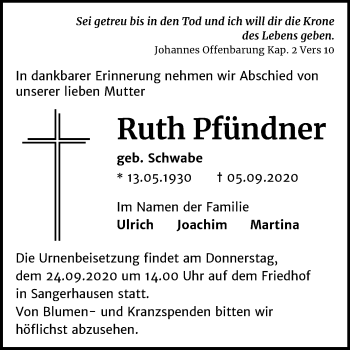 Traueranzeige von Ruth Pfündner von Mitteldeutsche Zeitung Sangerhausen