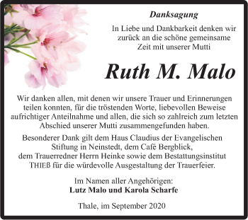 Traueranzeige von Ruth M. Malo von Super Sonntag Quedlinburg