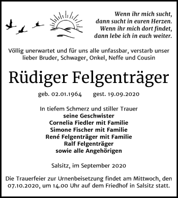 Traueranzeige von Rüdiger Felgenträger von Mitteldeutsche Zeitung Zeitz